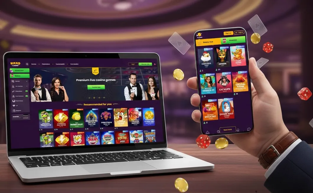 Bizzo Casino app on a laptop and a smartphone side by side